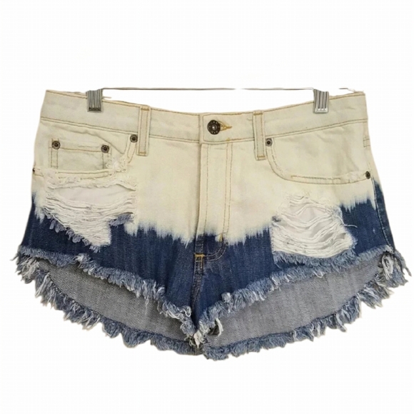 Carmar TRISH dip-dye Cream And Blue denim shorts with frayed edges. - Picture 1 of 5